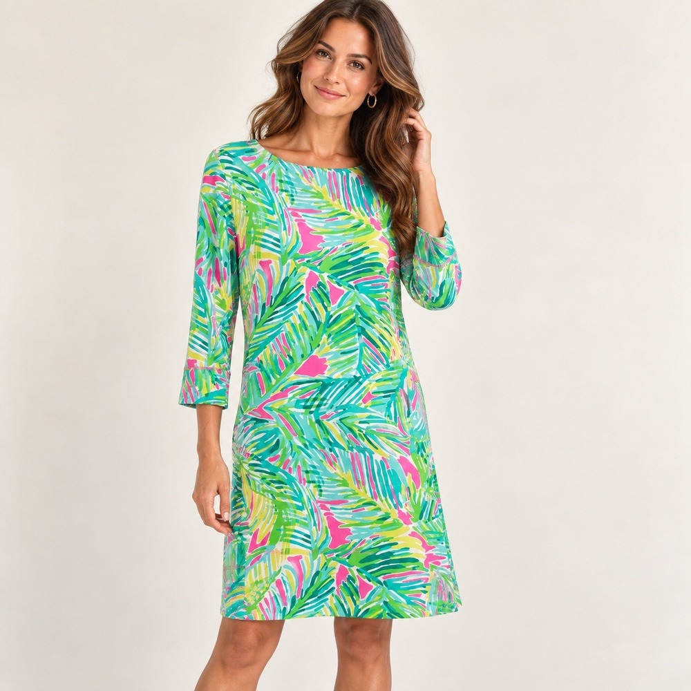 Lilly Pulitzer Hollee Dress Fronds Place Tropical Palm 3/4 Sleeve Pink Green L